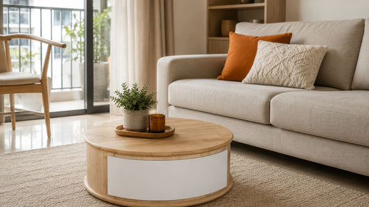 Round light wood coffee table with white curved storage panel in a warm Singapore living room, showing practical furniture quality and value comparison.