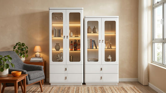 White display cabinets and curio cabinets with glass doors and warm LED lighting in a modern Singapore living room