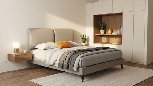 Divan bed frame with upholstered headboard, floating bedside table, and built-in wardrobe in a modern Singapore bedroom