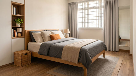 Eco-friendly mattress with natural bedding on a wooden bed frame in a warm Singapore bedroom with soft daylight and neutral decor.