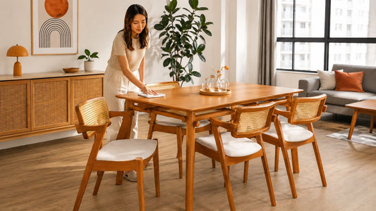 Woman cleaning an engineered wood dining table in a bright Singapore home with warm wood furniture and natural daylight.