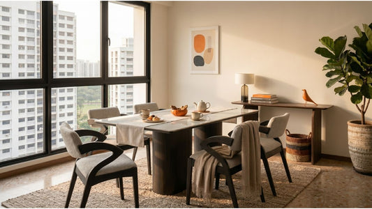 Ergonomic dining chairs with curved arms around a rectangular table in a Singapore home, supporting comfortable long meals
