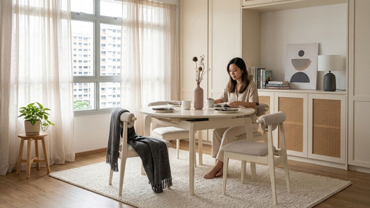 Modern extendable dining table in a cosy Singapore HDB dining room styled with neutral tones and space-saving furniture for small homes
