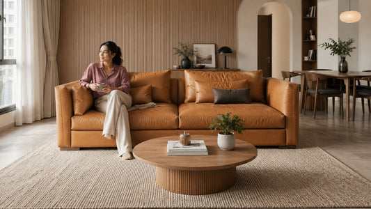Female Malay Singaporean relaxing on a tan leather sofa with a large rug defining a warm modern Singapore living space