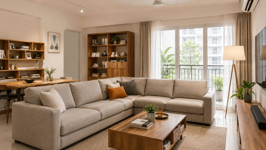 First-time buyer's showroom visit guide showing a modern Singapore living room with grey L-shaped sofa, wood storage, and practical furniture layout
