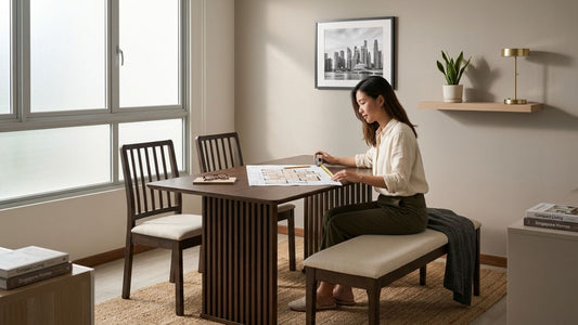 Woman reviewing apartment floor plan while planning furniture placement in a compact modern living room with neutral sofa and natural lighting