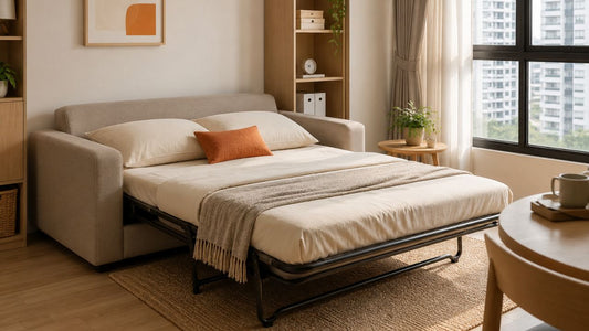Pull-out sofa bed in a modern Singapore apartment, showing a practical sofa bed setup for comparing foldable and pull-out sofa beds.