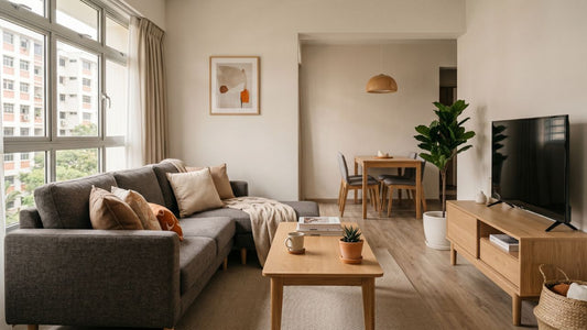 Furnishing a 4-room HDB flat with a beige sofa, coffee table, TV console, and natural light in a Singapore living room