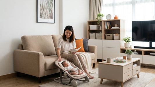 Singapore parents furnishing their home for a new baby with a comfortable sofa, nursery storage shelf, and baby cot in a warm HDB living room.