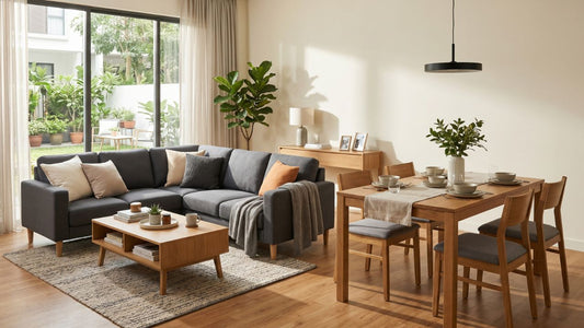 Open-plan living and dining room in a Singapore landed property with a grey sectional sofa, wooden dining set, and garden-facing sliding doors.