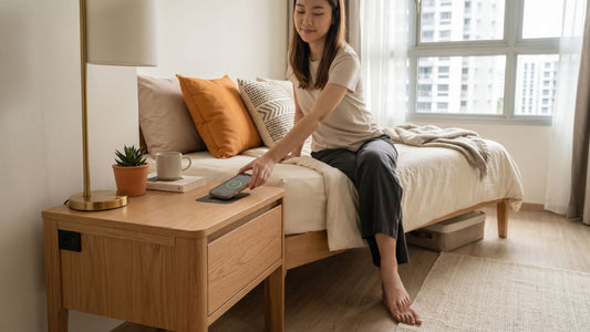 Wooden bedside table with built-in wireless charging and USB ports in a bright Singapore HDB bedroom