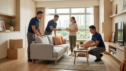 Professional Maxi Home delivery staff completing sofa installation in a modern Singapore home, showing quality furniture delivery and installation service.