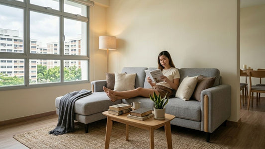Woman preparing furniture donation and recycling items in a modern Singapore HDB living room with sofa and eco-friendly disposal setup