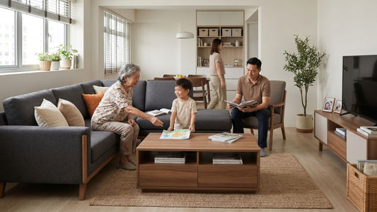 Multi-generational Singapore household relaxing in a modern HDB living room with grey sofa, wooden coffee table, TV console, and practical family-friendly furniture.