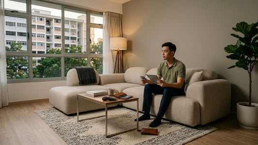 Modern Singapore living room with beige modular sofa and customer browsing furniture payment options online using a tablet at home