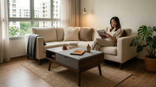 Woman relaxing on a beige sectional sofa in a modern Singapore living room featuring restored wooden coffee table furniture and cosy neutral interior design
