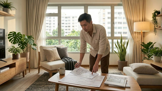 Man organising furniture buying timeline with floor plan documents in a cosy modern apartment before home renovation completion