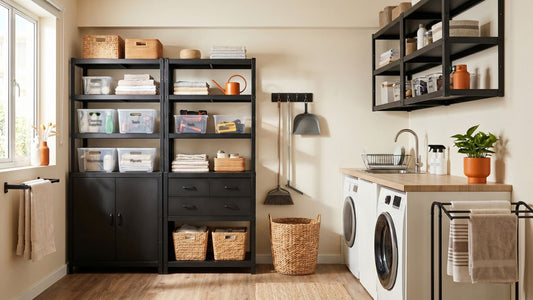 Organised Singapore service yard with black metal storage shelves, laundry area, wall-mounted racks, baskets, and cleaning supplies for garage and service yard storage solutions.