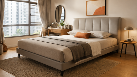 Grey upholstered bed frame in a modern Singapore HDB bedroom with warm wood flooring, neutral bedding, and practical walking space.