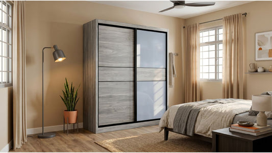 Grey wood-look laminate sliding wardrobe with gloss panels in a warm Singapore bedroom with neutral decor