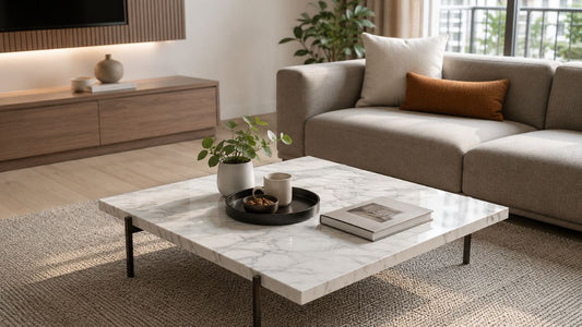 White marble coffee table in a warm Singapore living room, showing how to care for marble and stone tabletops at home