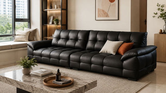 Black leather sofa in a modern Singapore living room with a cleaning tray, cloth, and leather care bottle on the coffee table.