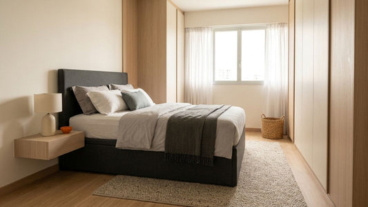 Modern Singapore HDB bedroom with practical storage bed and organised layout during old mattress disposal and replacement process