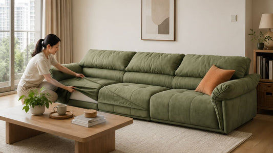 Woman removing a green sofa cover in a modern Singapore living room with warm wood furniture and natural daylight