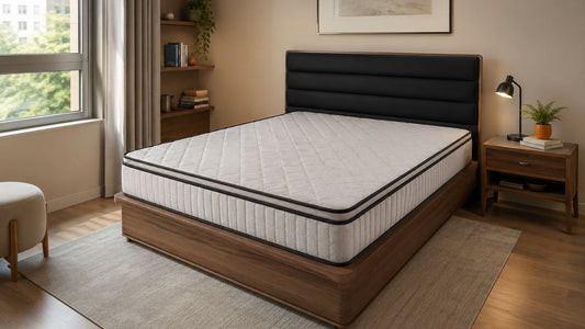 Mattress on a wooden bed frame in a warm modern Singapore bedroom for proper rotation care