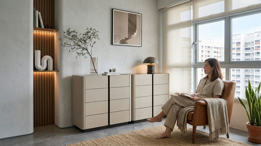 Modern hydraulic storage bed frame collection in a minimalist Singapore bedroom with neutral tones, soft lighting, and functional hidden storage furniture design