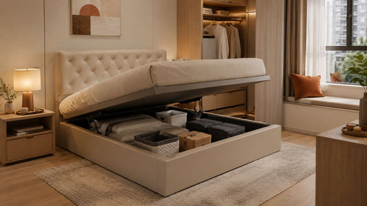 Hydraulic storage bed frame open in a modern Singapore bedroom with organised bedding, luggage, wardrobe storage, and warm neutral styling.