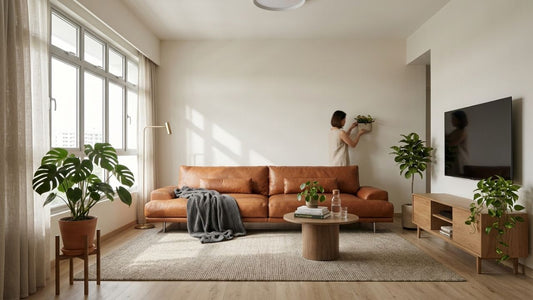 Modern Singapore living room with indoor plants, caramel leather sofa and minimalist wooden furniture styled for a cosy tropical home aesthetic