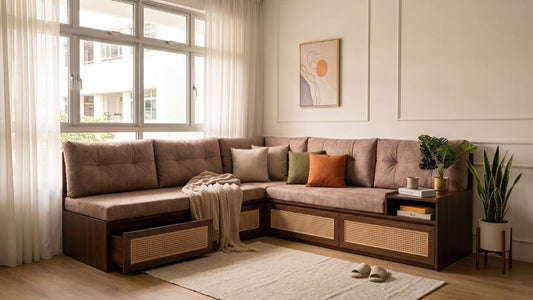 L-shaped custom window nook with cushioned bench seating, rattan storage fronts, and soft curtains for a Singapore condo home