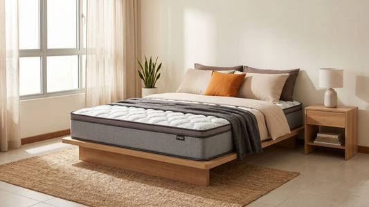 Latex mattress on wooden bed frame in warm Singapore HDB bedroom with bedside table and natural daylight