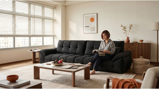 Woman reviewing rug samples beside a black sofa on a light area rug in a Singapore home living room