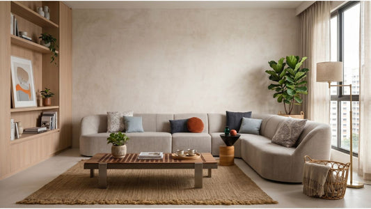 Light fabric sectional sofa in a modern Singapore living room, showing furniture manufacturing quality, material choices, and practical home styling