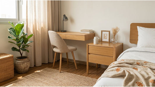 Light wood bedside table, bed frame and wall desk in a modern Singapore bedroom with natural daylight
