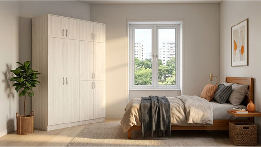 Light wood swing door wardrobe in a bright Singapore HDB bedroom with bed and warm neutral decor