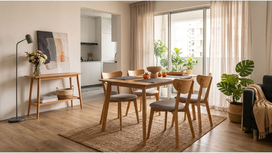 Light wood veneer dining table with matching chairs in a bright Singapore dining room near balcony windows