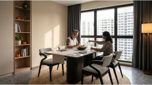 Couple dining at a marble table in a high-rise Singapore home showing natural light and furniture interaction