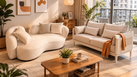 Two cream compact sofas styled in a warm Singapore condo living room, showing loveseat and compact sofa options with a wood coffee table and balcony daylight.