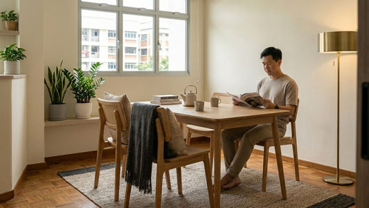 Minimalist low-VOC wooden dining furniture in a bright Singapore apartment with natural light and indoor plants for healthier indoor air quality