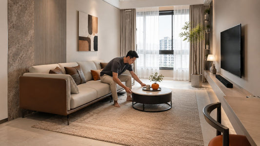 Male Eurasian Singaporean adjusting a coffee table in a modern living room, showing practical sofa and TV layout planning