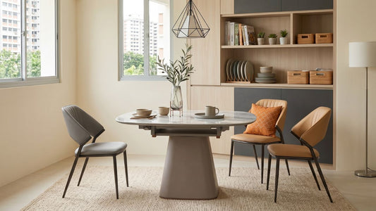 Marble dining table with mixed dining chairs in a bright Singapore HDB dining area with built-in storage and natural daylight