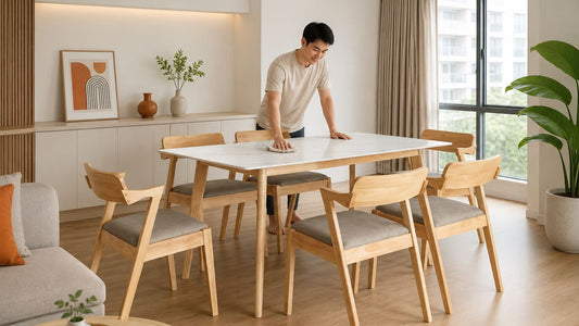 Male Singaporean wiping a marble and sintered stone dining table in a bright modern HDB dining space.