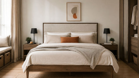 Wooden bed with neutral mattress cover fabrics in a warm modern Singapore bedroom by MaxiHome