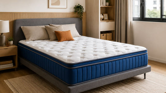 Blue eurotop mattress in a warm modern Singapore bedroom for a mattress firmness guide
