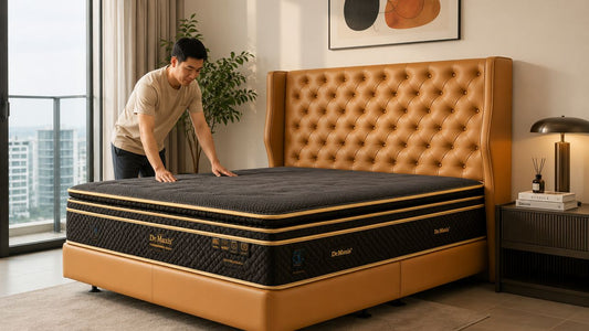 Male Chinese Singaporean maintaining a black Dr Maxis mattress on a tan upholstered bed frame in a warm modern condo bedroom in Singapore.