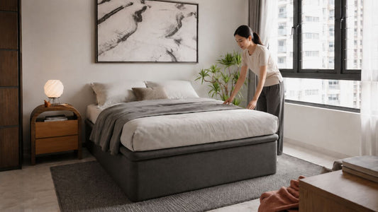 Woman adjusting a grey mattress in a modern Singapore bedroom for mattress rotation guidance