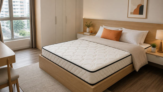 White quilted mattress on a light wood bed frame in a modern Singapore bedroom for mattress type comparison